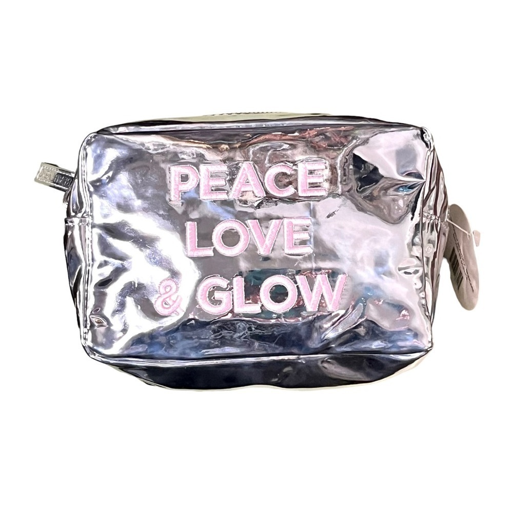 Beauty Bio Peace, Love, & Glow Embroidered Makeup Bag Silver/Pink New